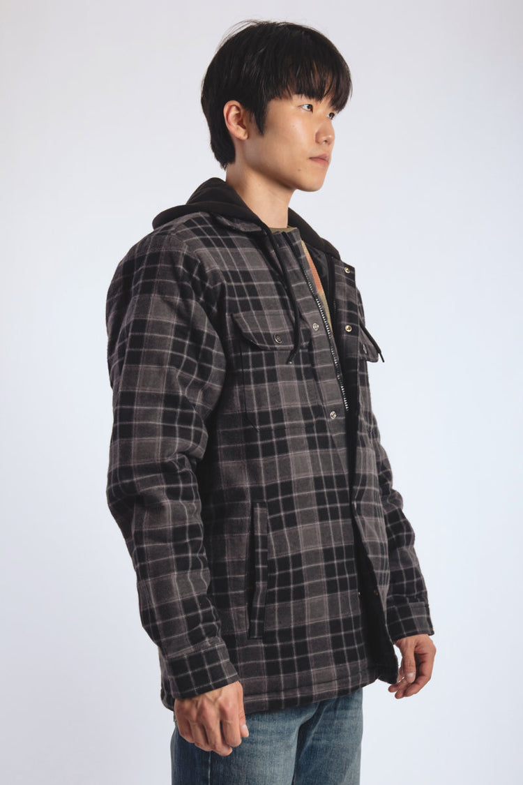 Insulated Hooded Plaid Jacket - BLK