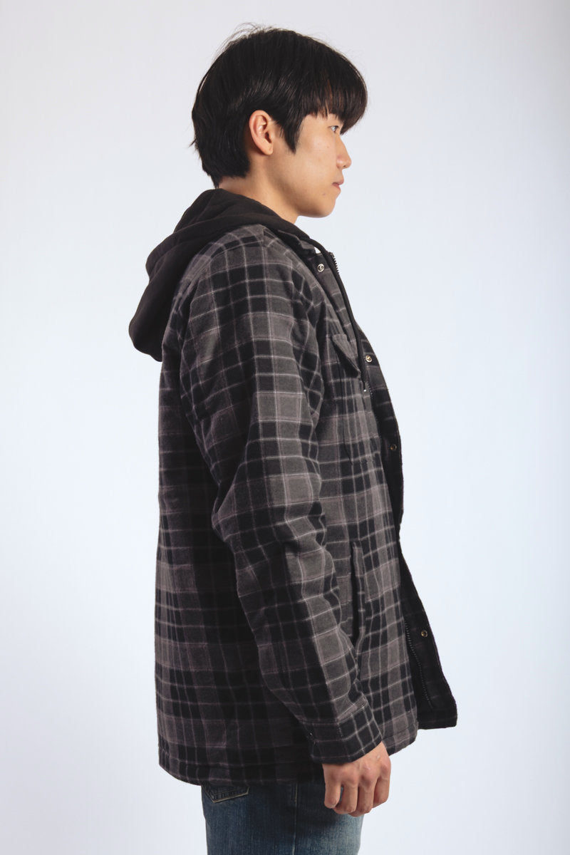 Insulated Hooded Plaid Jacket - BLK