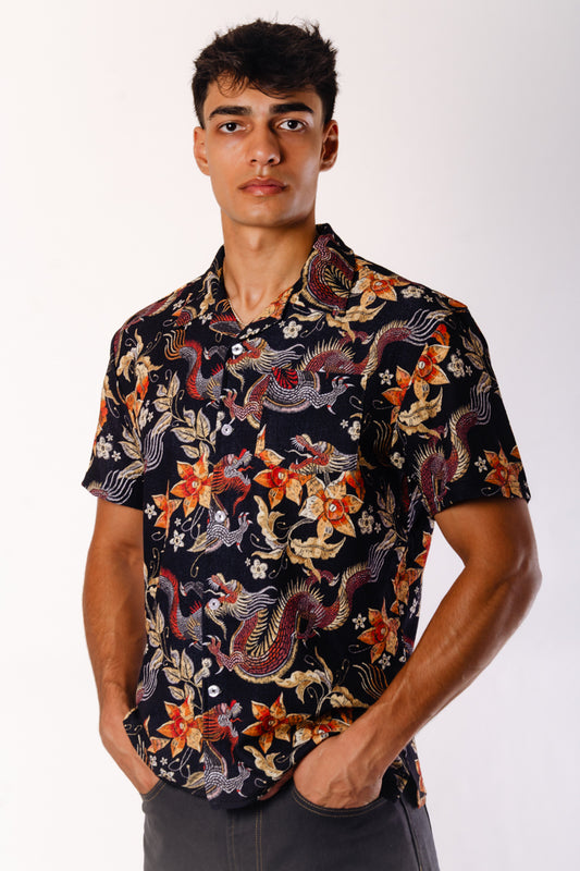 Dragons & Flowers Short Sleeve Shirt - BLK