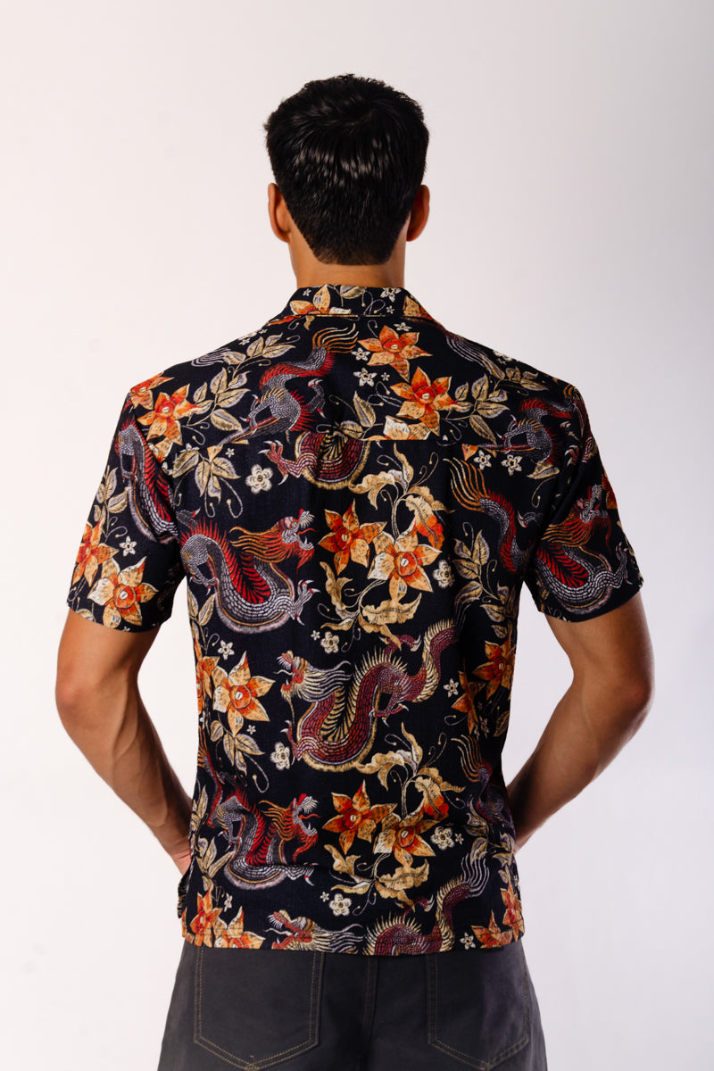 Dragons & Flowers Short Sleeve Shirt - BLK