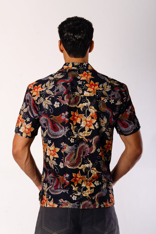 Dragons & Flowers Short Sleeve Shirt - BLK