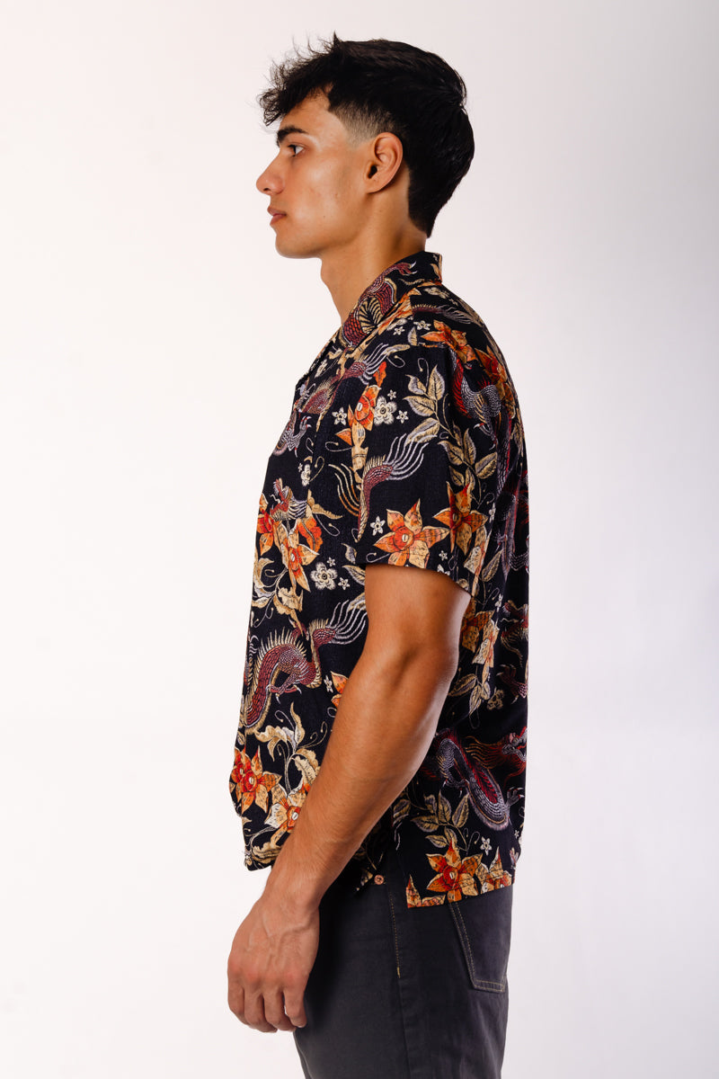 Dragons & Flowers Short Sleeve Shirt - BLK