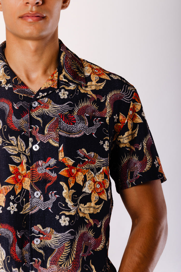 Dragons & Flowers Short Sleeve Shirt - BLK
