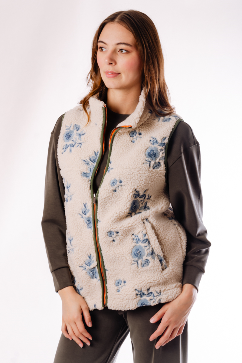 Embroidered Floral Sherpa Vest - CRM
