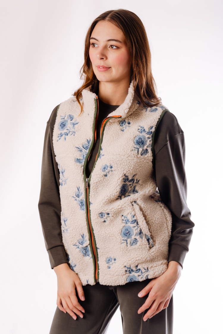 Embroidered Floral Sherpa Vest - CRM