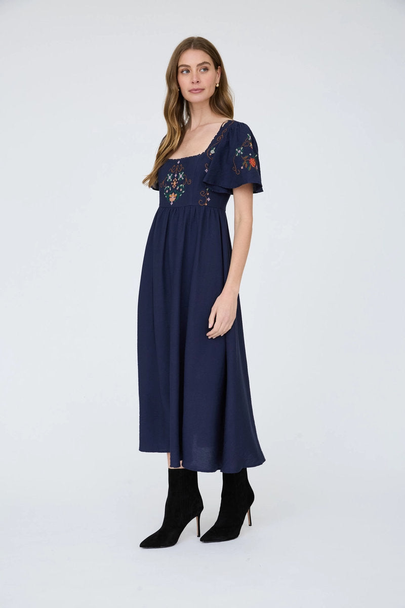 Embroidery Bell Midi Dress - NVY