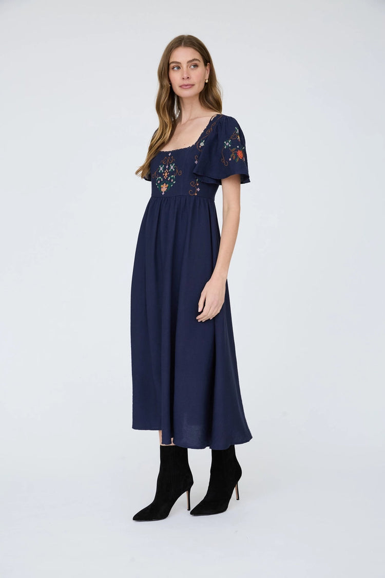 Embroidery Bell Midi Dress - NVY