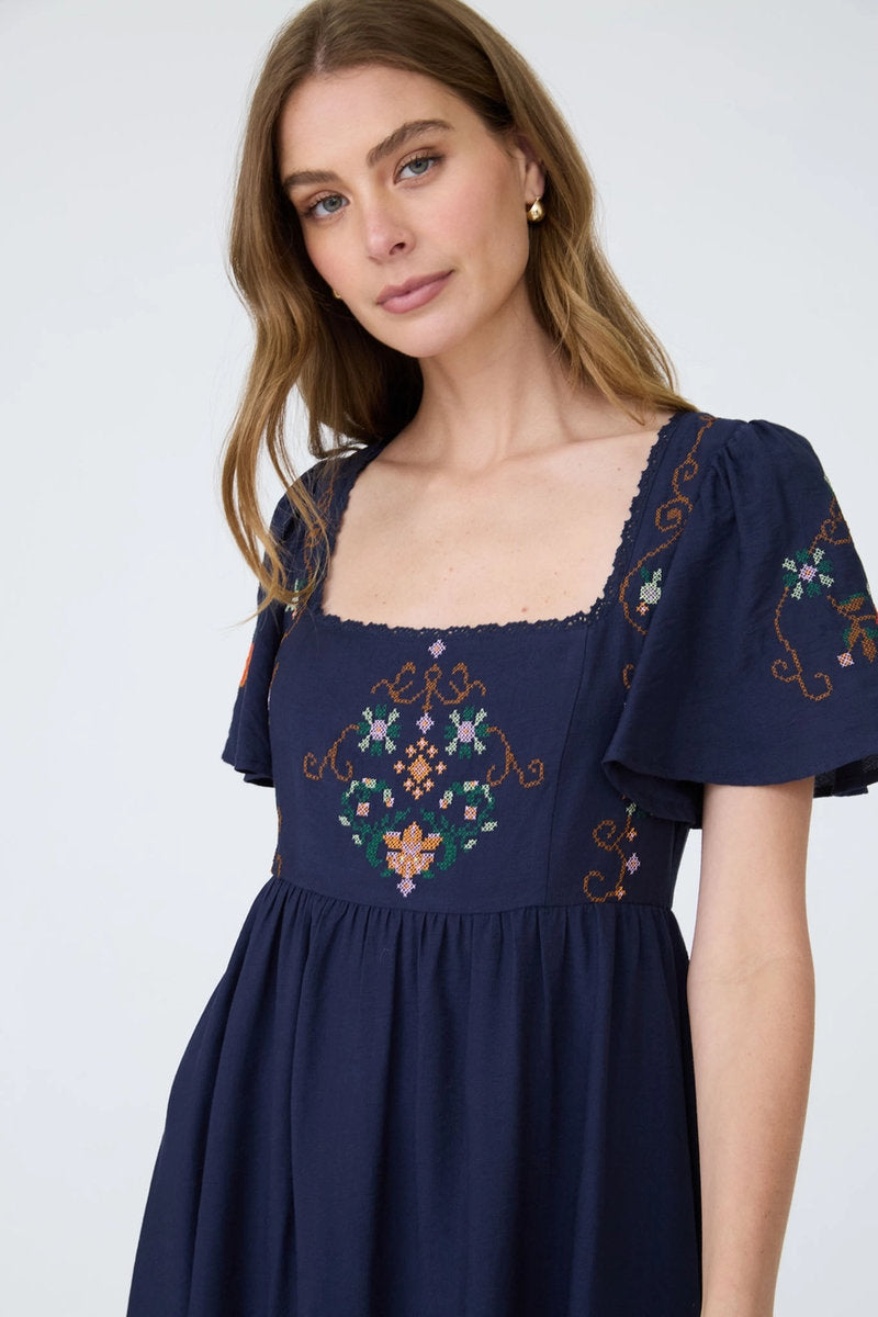 Embroidery Bell Midi Dress - NVY