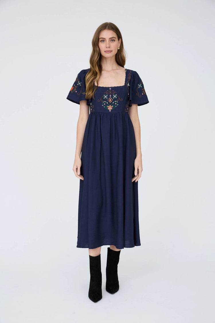 Embroidery Bell Midi Dress - NVY