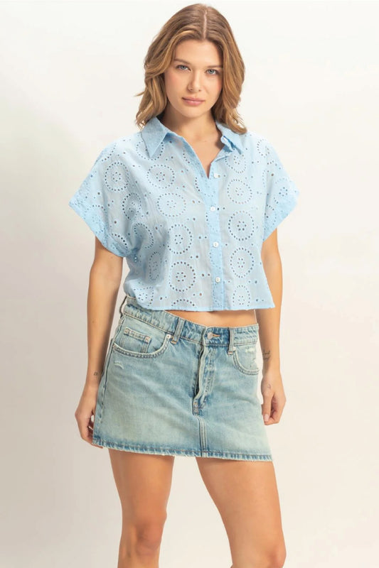Eyelet Cropped Button Up - BLU
