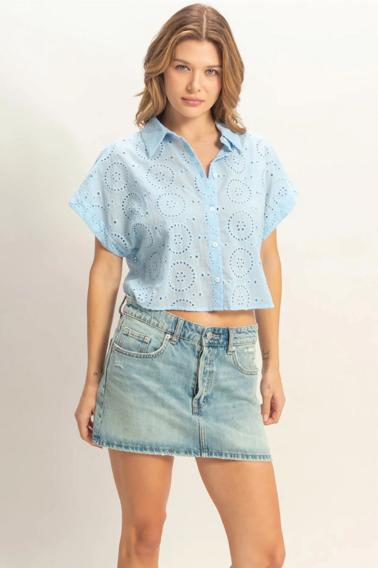 Eyelet Cropped Button Up - BLU