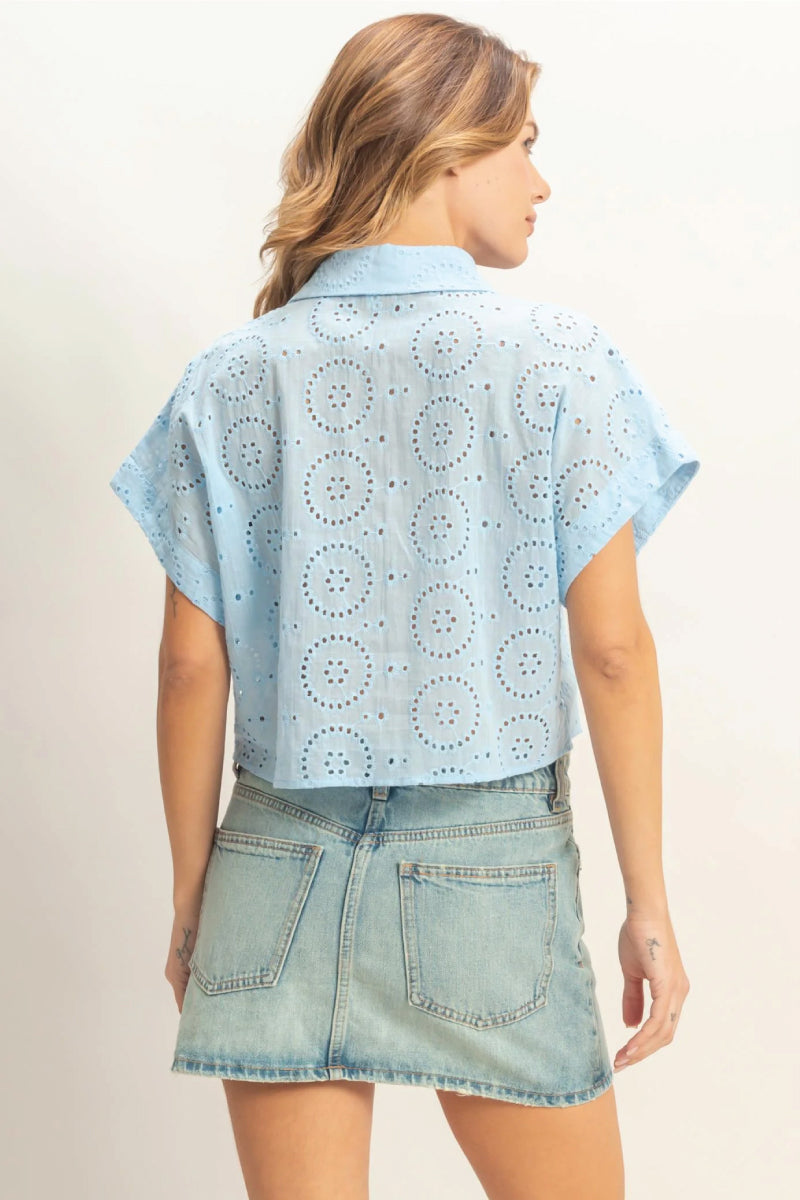 Eyelet Cropped Button Up - BLU