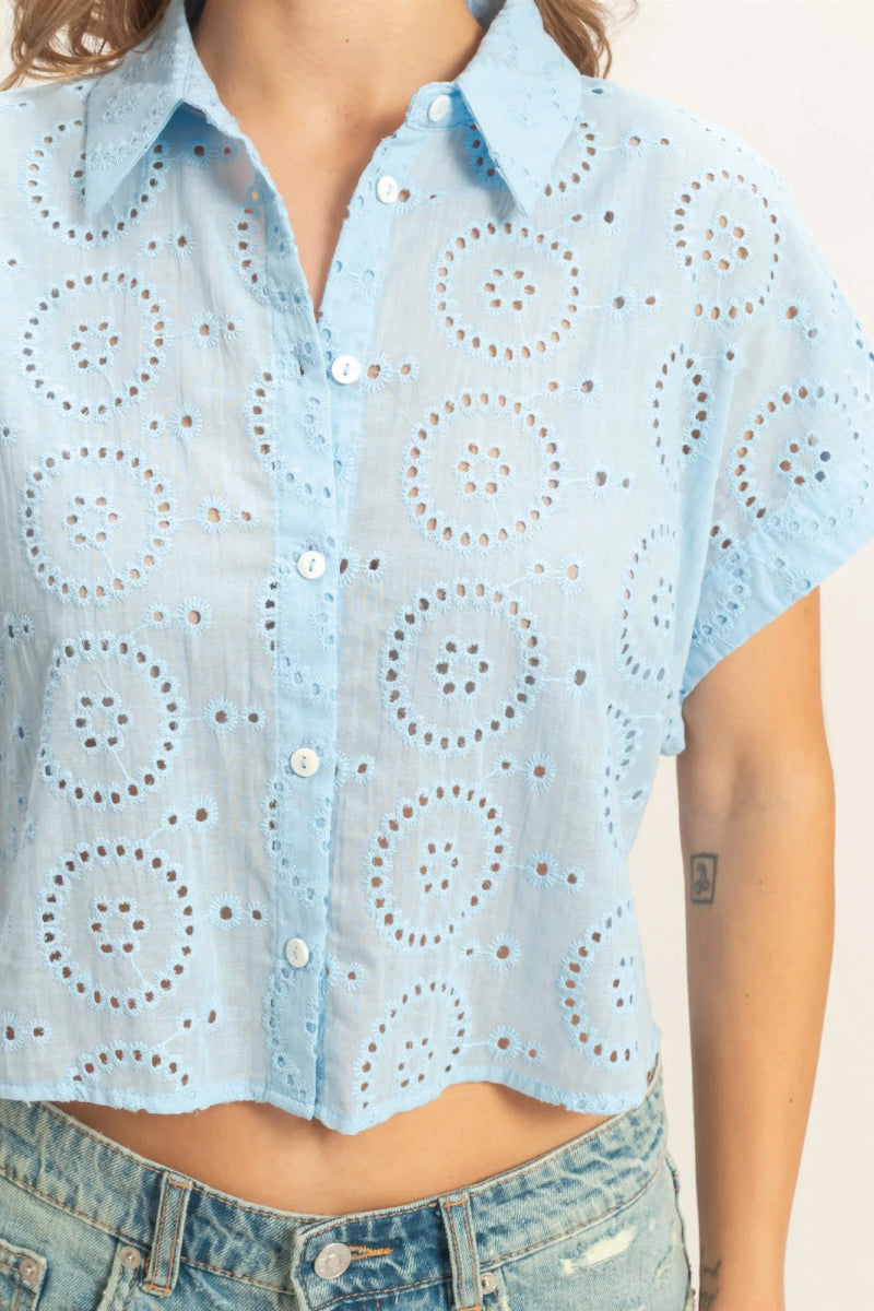 Eyelet Cropped Button Up - BLU