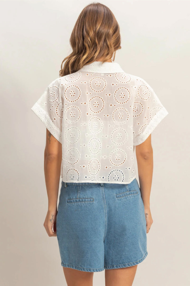 Eyelet Cropped Button Up - Off White