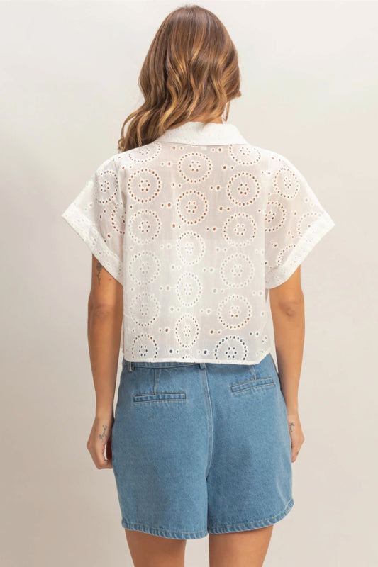 Eyelet Cropped Button Up - Off White