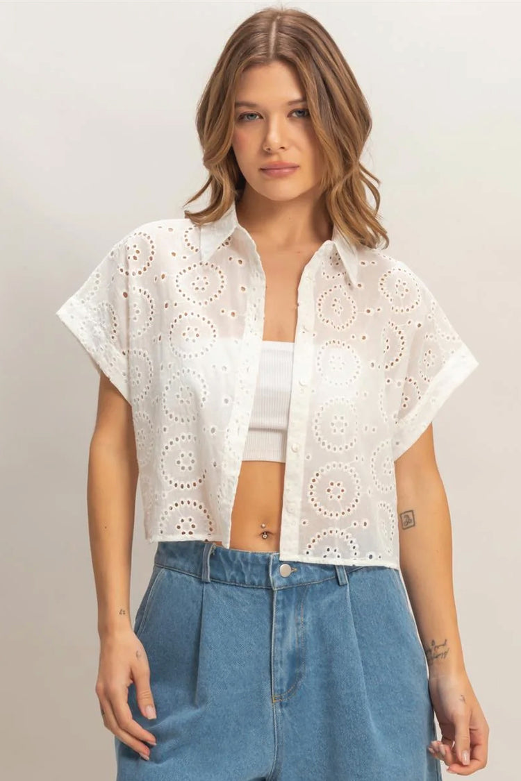 Eyelet Cropped Button Up - Off White