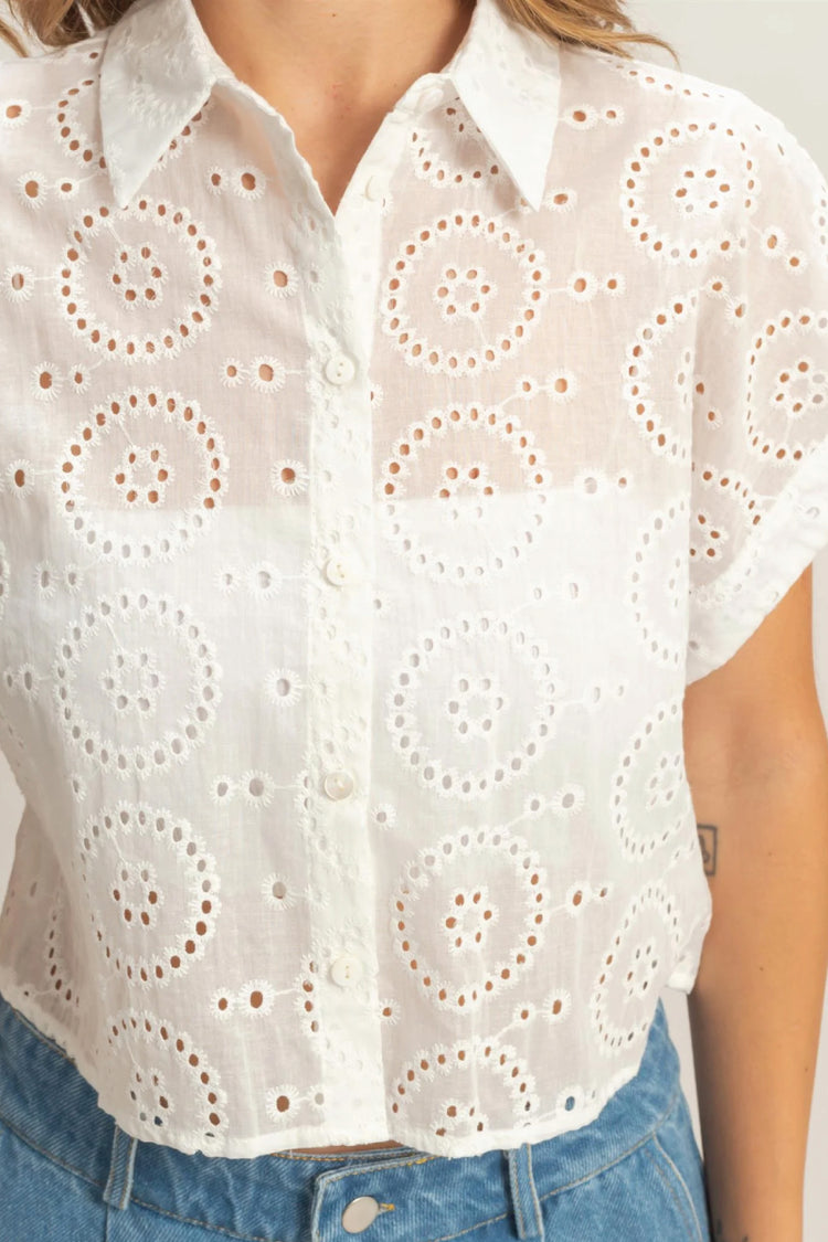 Eyelet Cropped Button Up - Off White