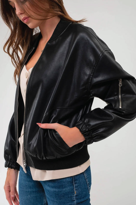 Faux Leather Bomber - BLK