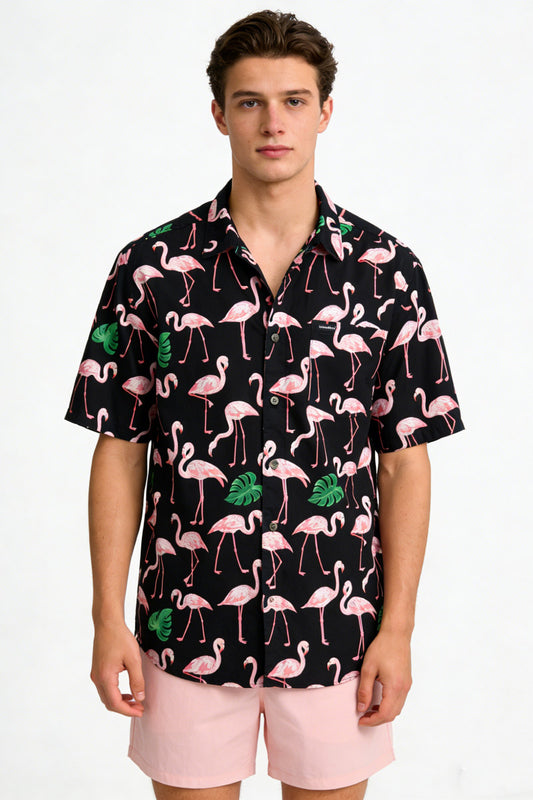 Flamingo Garden short Sleeve Shirt - BLK