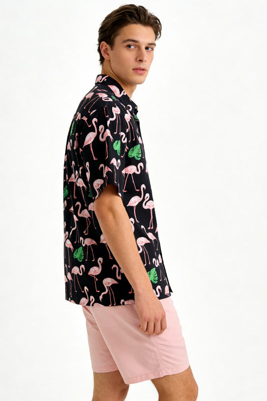 Flamingo Garden short Sleeve Shirt - BLK