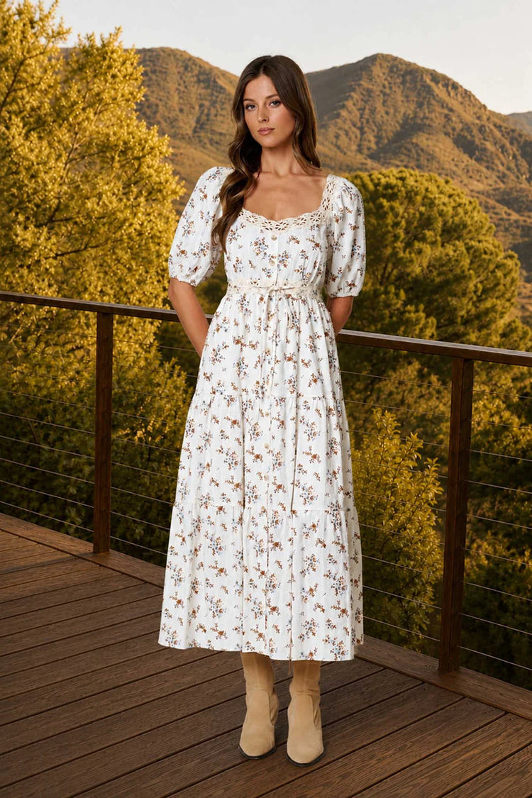 Floral Clip Dot Lace Midi Dress - CRM