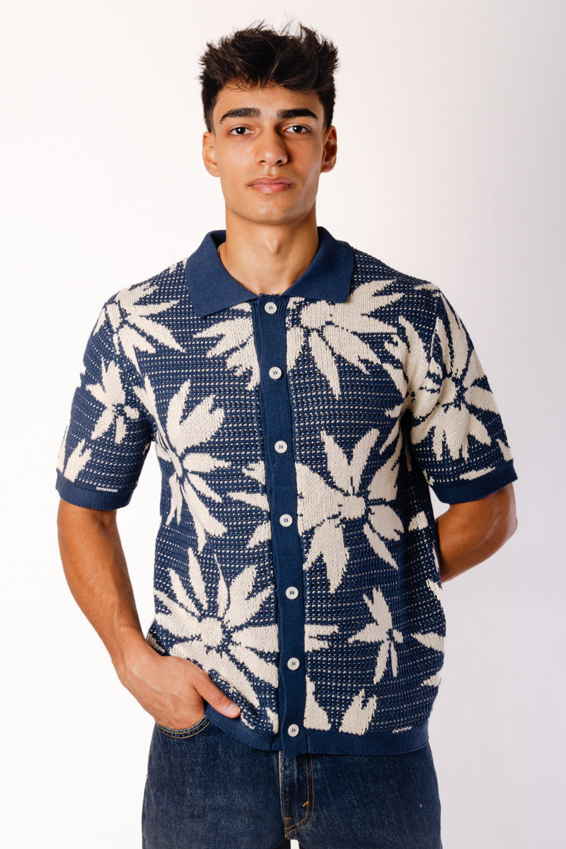 Floral Crochet Button Up Shirt - NVY
