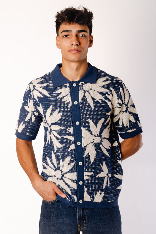 Floral Crochet Button Up Shirt - NVY