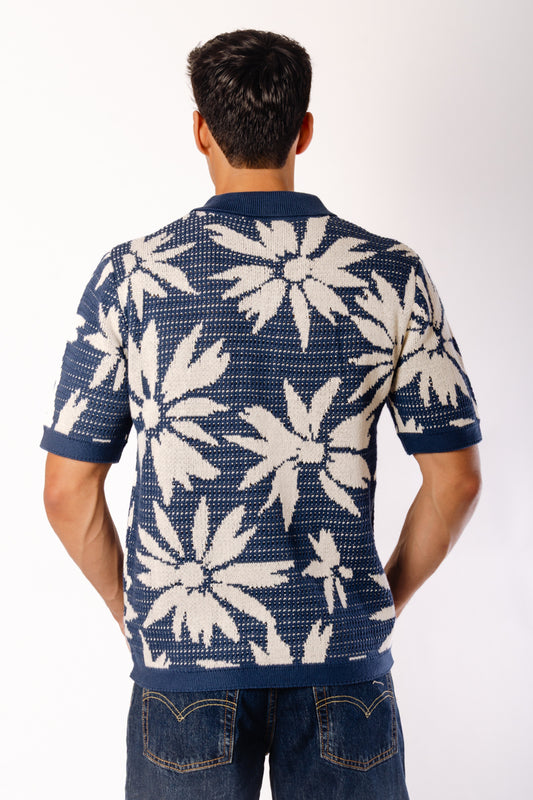 Floral Crochet Button Up Shirt - NVY