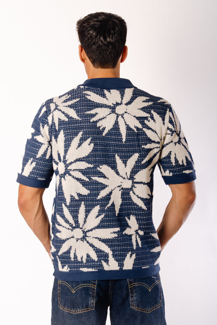 Floral Crochet Button Up Shirt - NVY