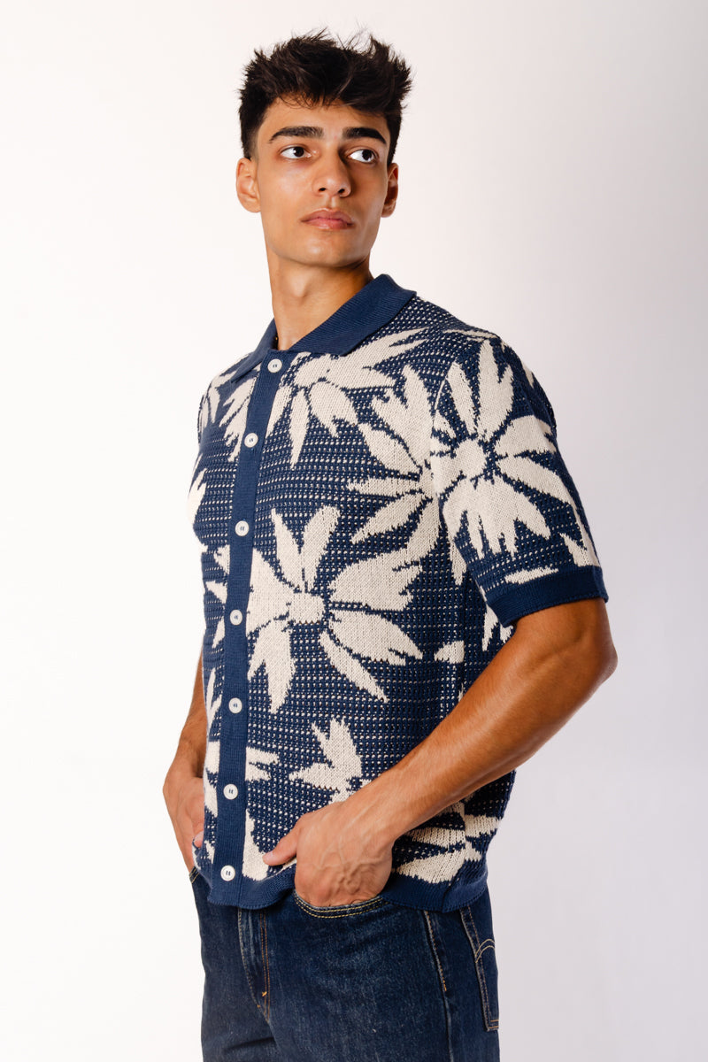 Floral Crochet Button Up Shirt - NVY