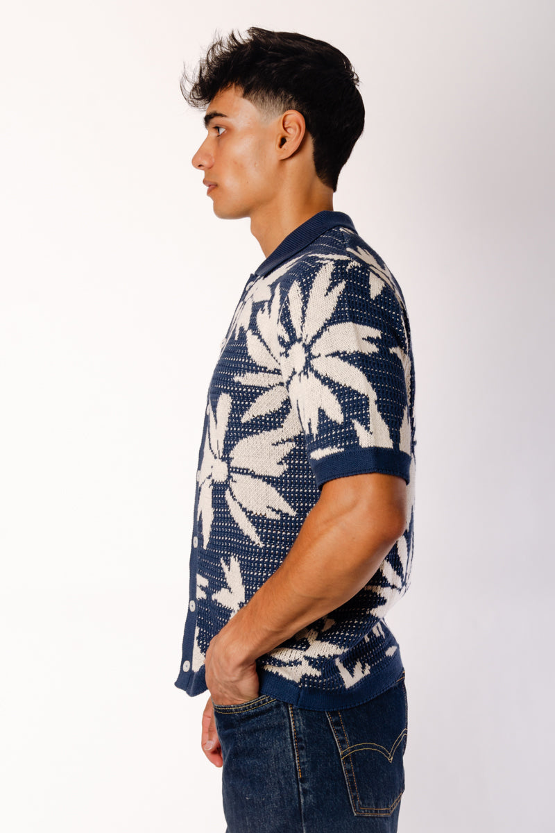 Floral Crochet Button Up Shirt - NVY