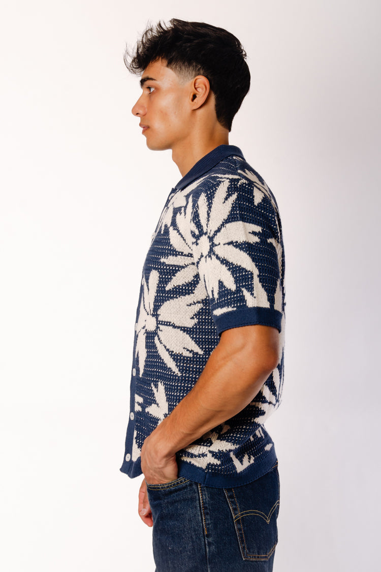 Floral Crochet Button Up Shirt - NVY