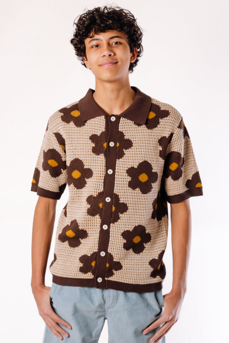 Floral Crochet Button Up Shirt - TAN