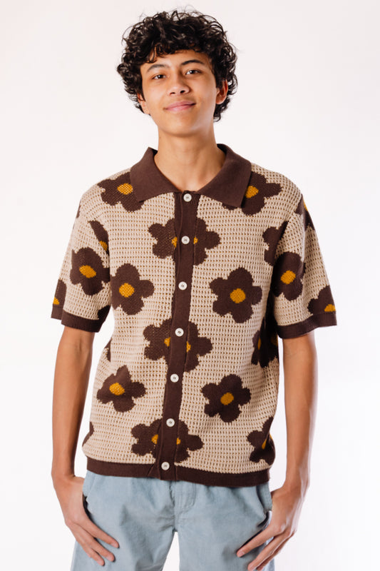 Floral Crochet Button Up Shirt - TAN