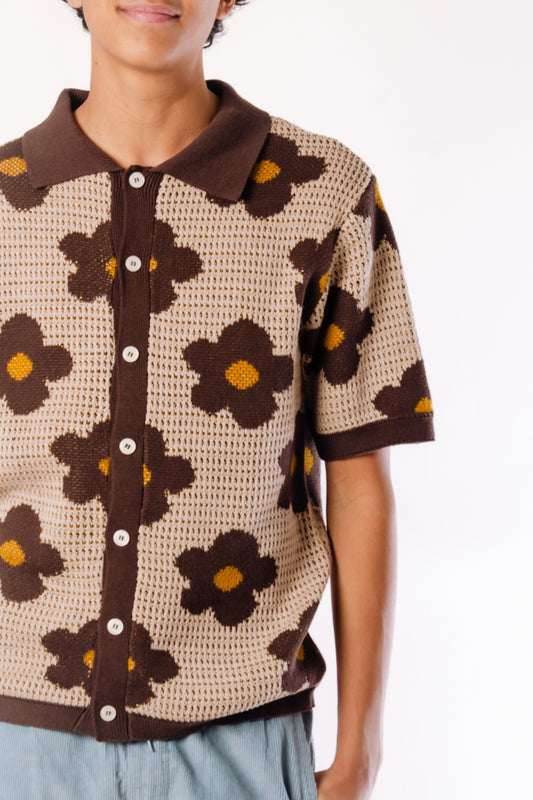 Floral Crochet Button Up Shirt - TAN