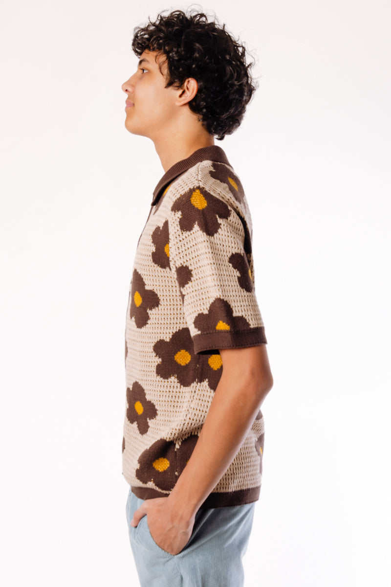 Floral Crochet Button Up Shirt - TAN