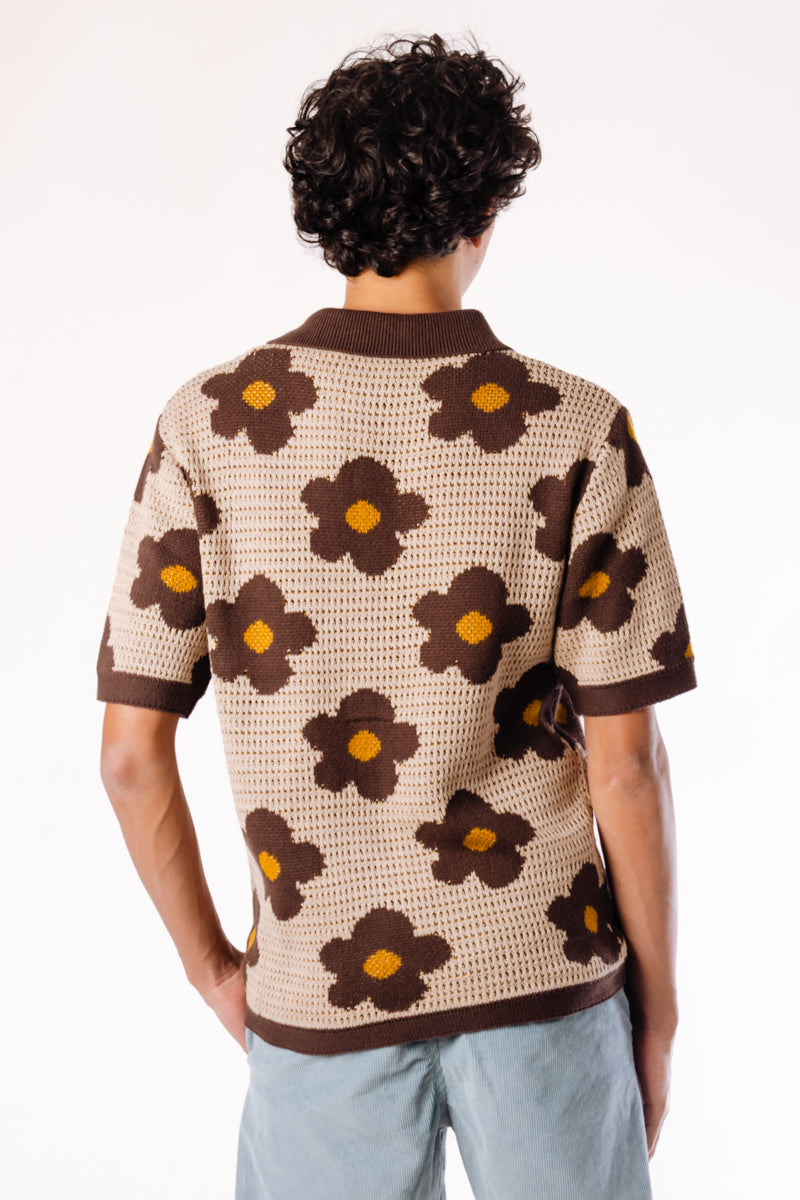 Floral Crochet Button Up Shirt - TAN