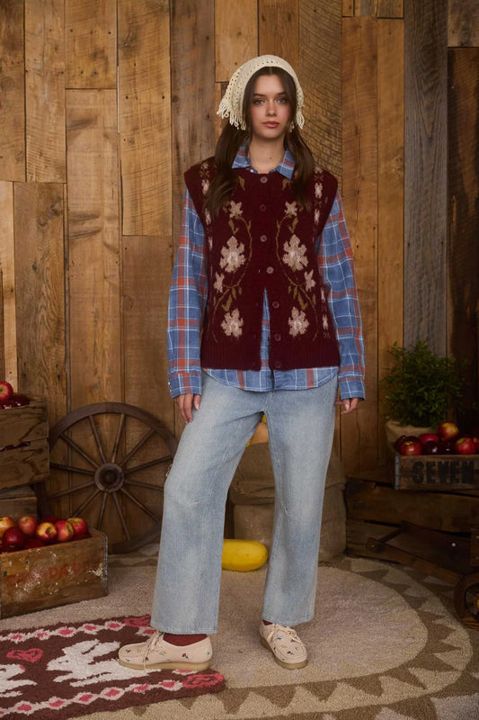 Floral Embroider Sweater Vest - BUR