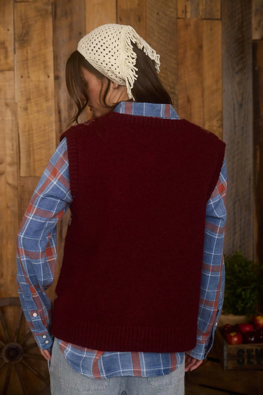 Floral Embroider Sweater Vest - BUR