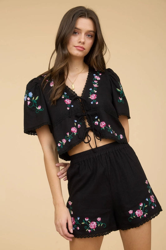 Floral Embroidery Top - NVY