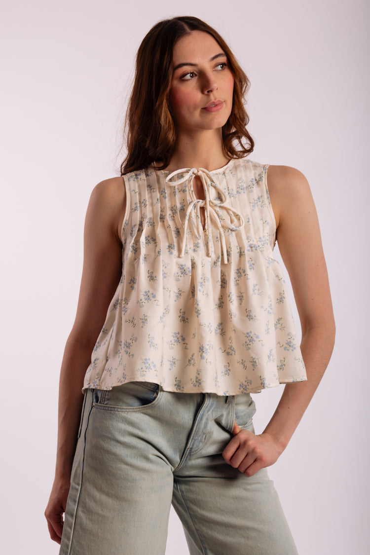 Floral Front Tie Top - WHT
