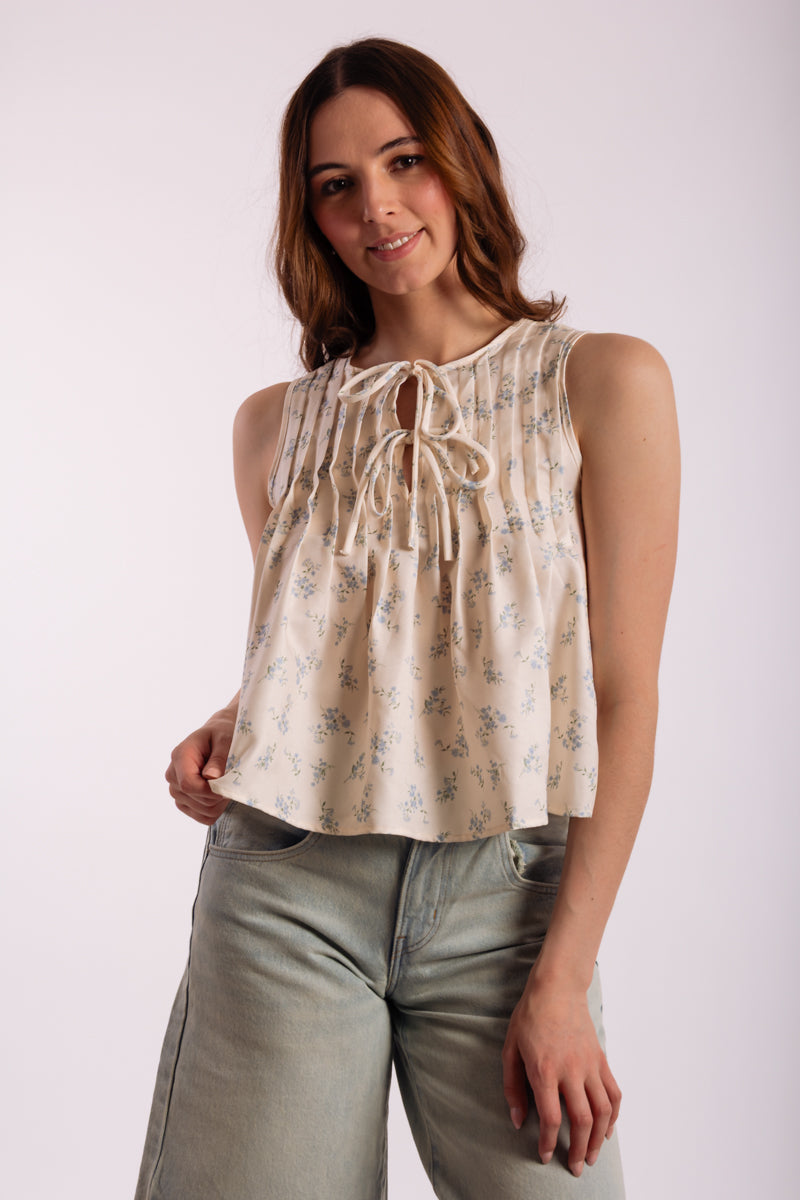 Floral Front Tie Top - WHT