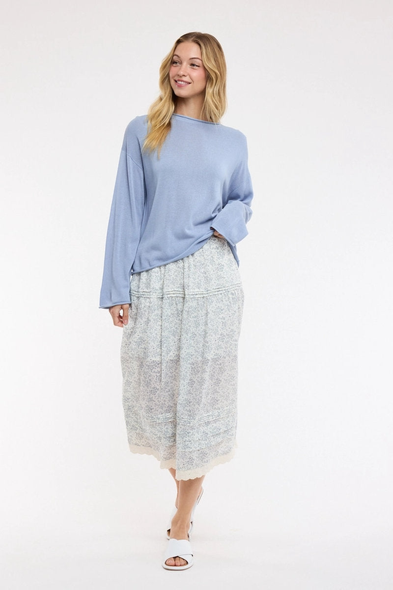 Floral Lace Trim Midi Skirt - NVY