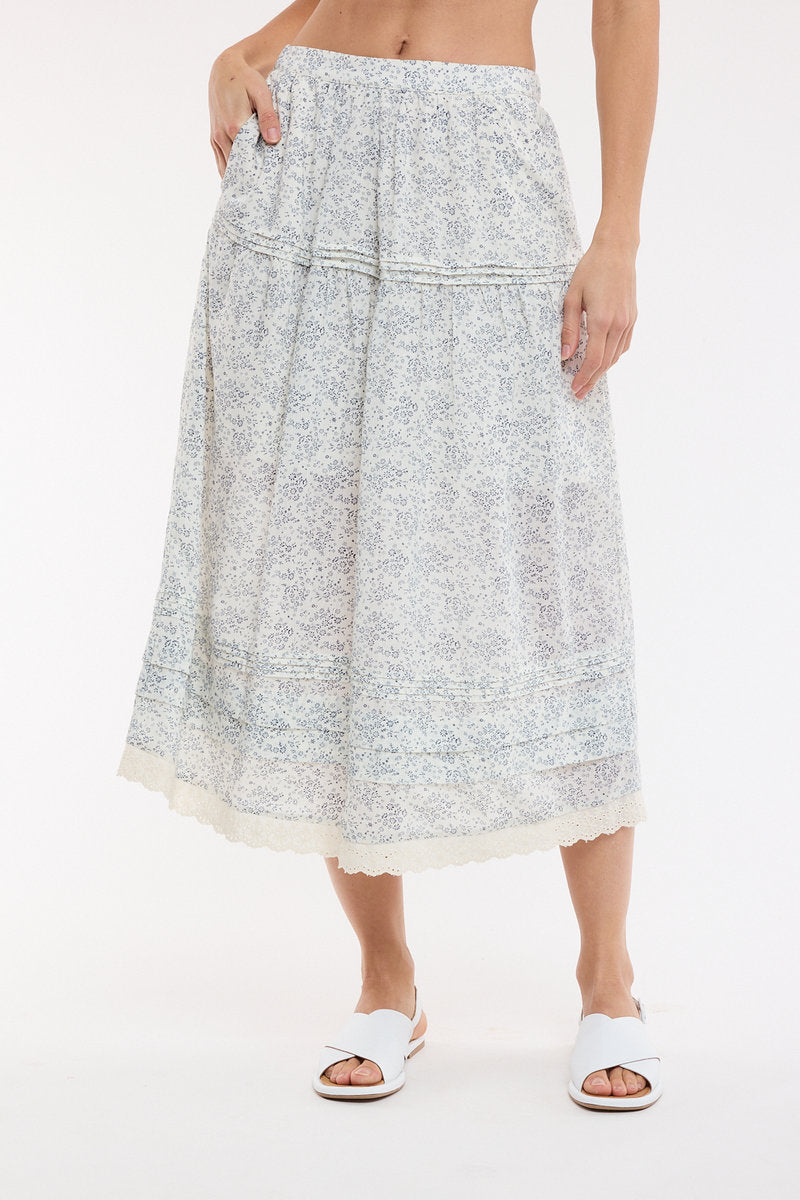 Floral Lace Trim Midi Skirt - NVY
