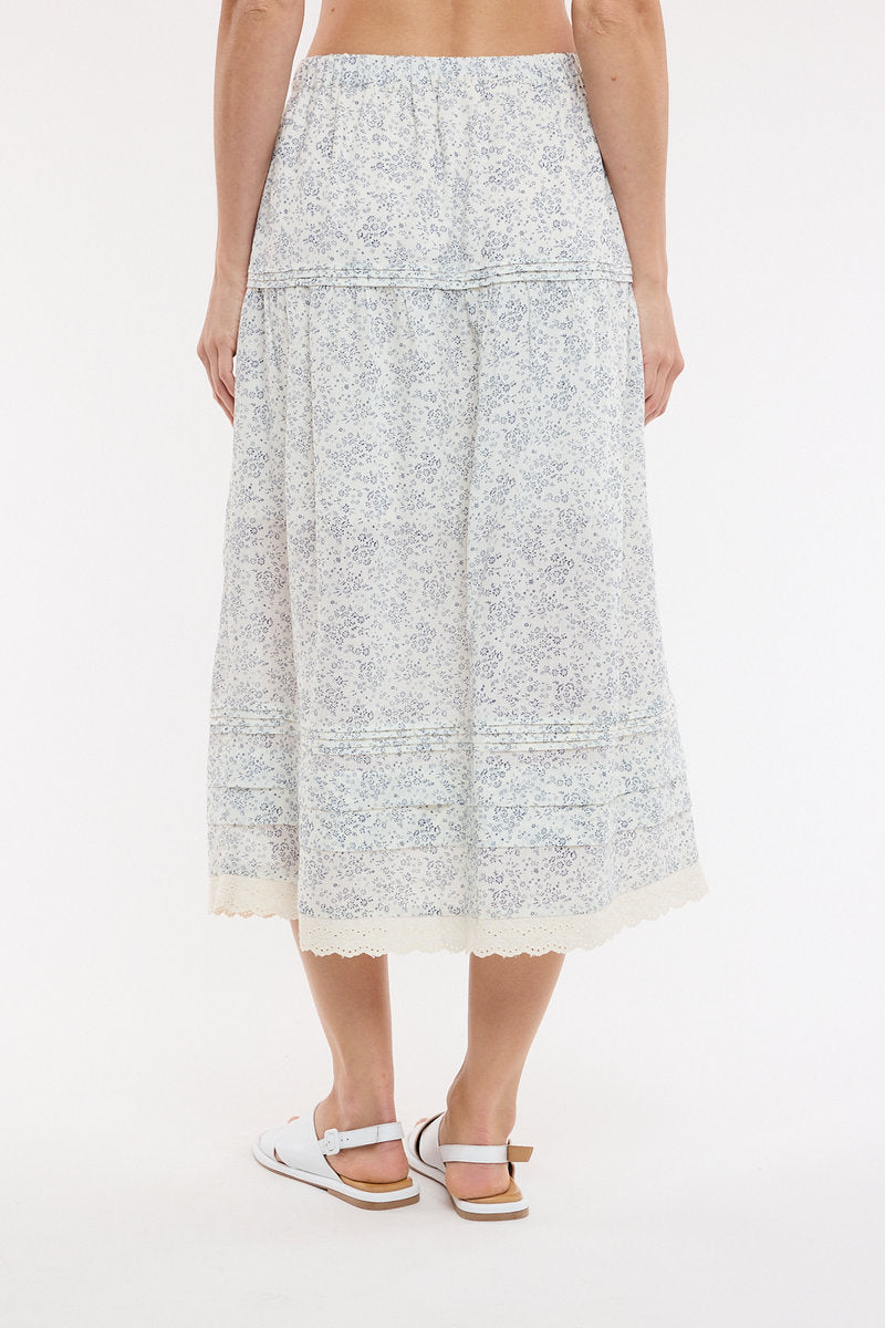 Floral Lace Trim Midi Skirt - NVY
