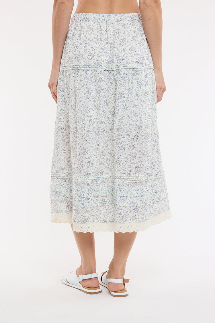 Floral Lace Trim Midi Skirt - NVY