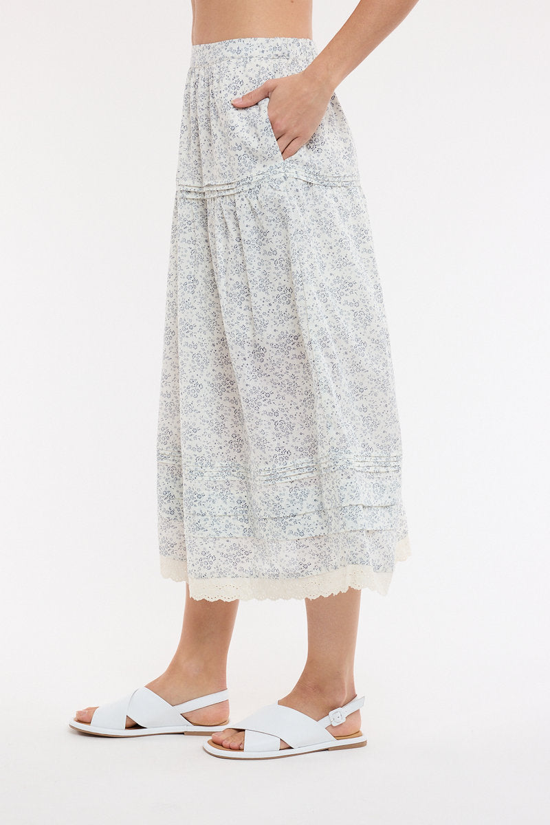 Floral Lace Trim Midi Skirt - NVY