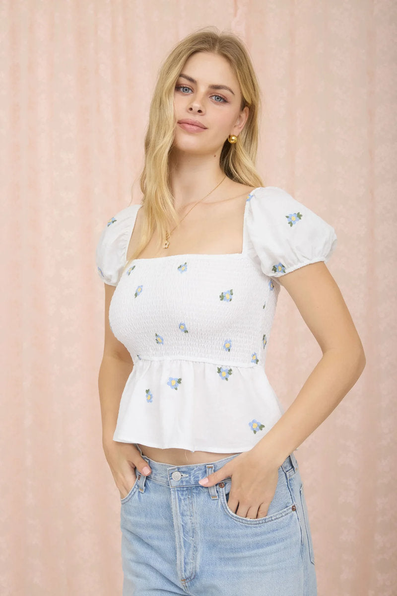  Floral Smocked Top - WHT