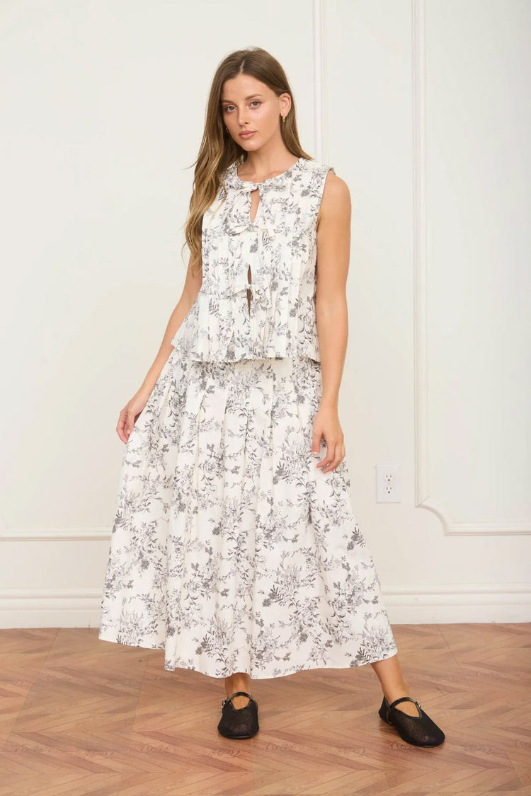 Floral Toile Midi Skirt - BLK