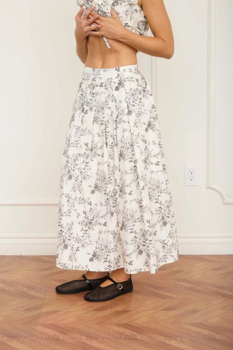 Floral Toile Midi Skirt - BLK